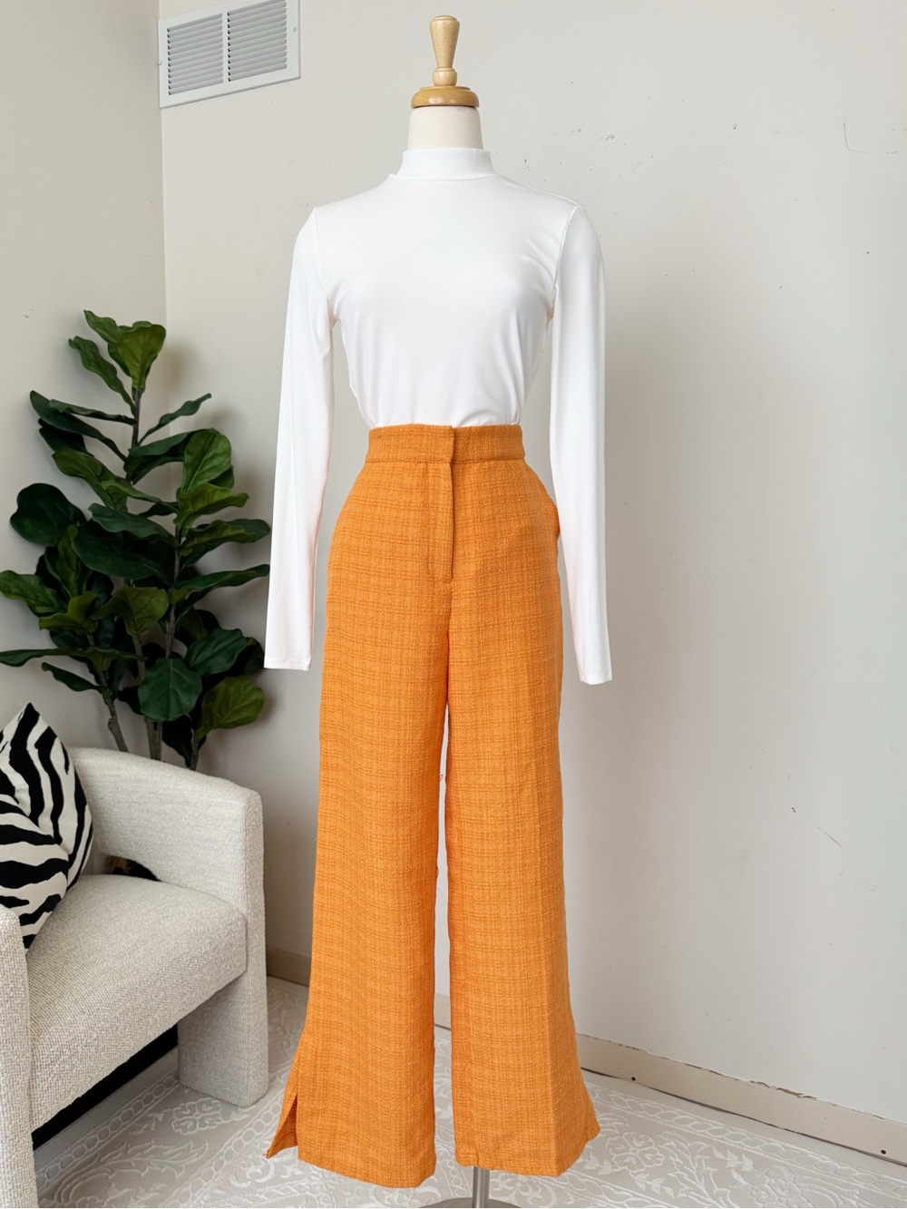 H&M Orange Wide-Leg Tweed High-Rise Pants